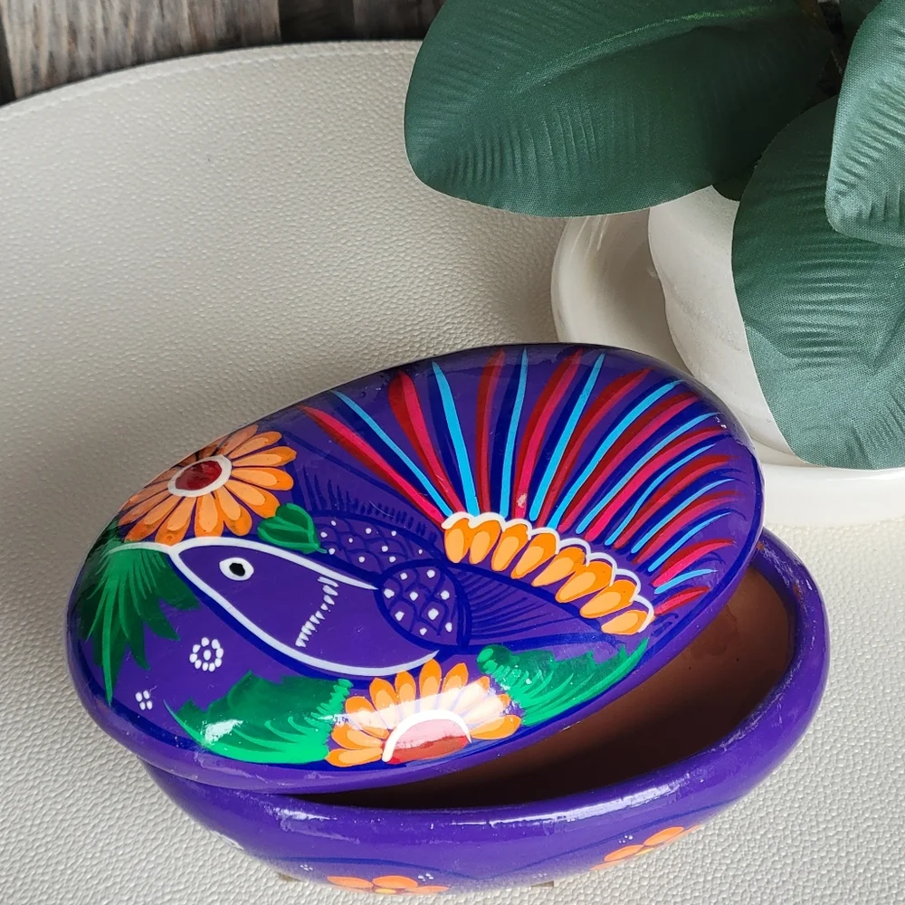 Mexican Folk Art Hand-Painted Oval Trinket Box Purple Bird